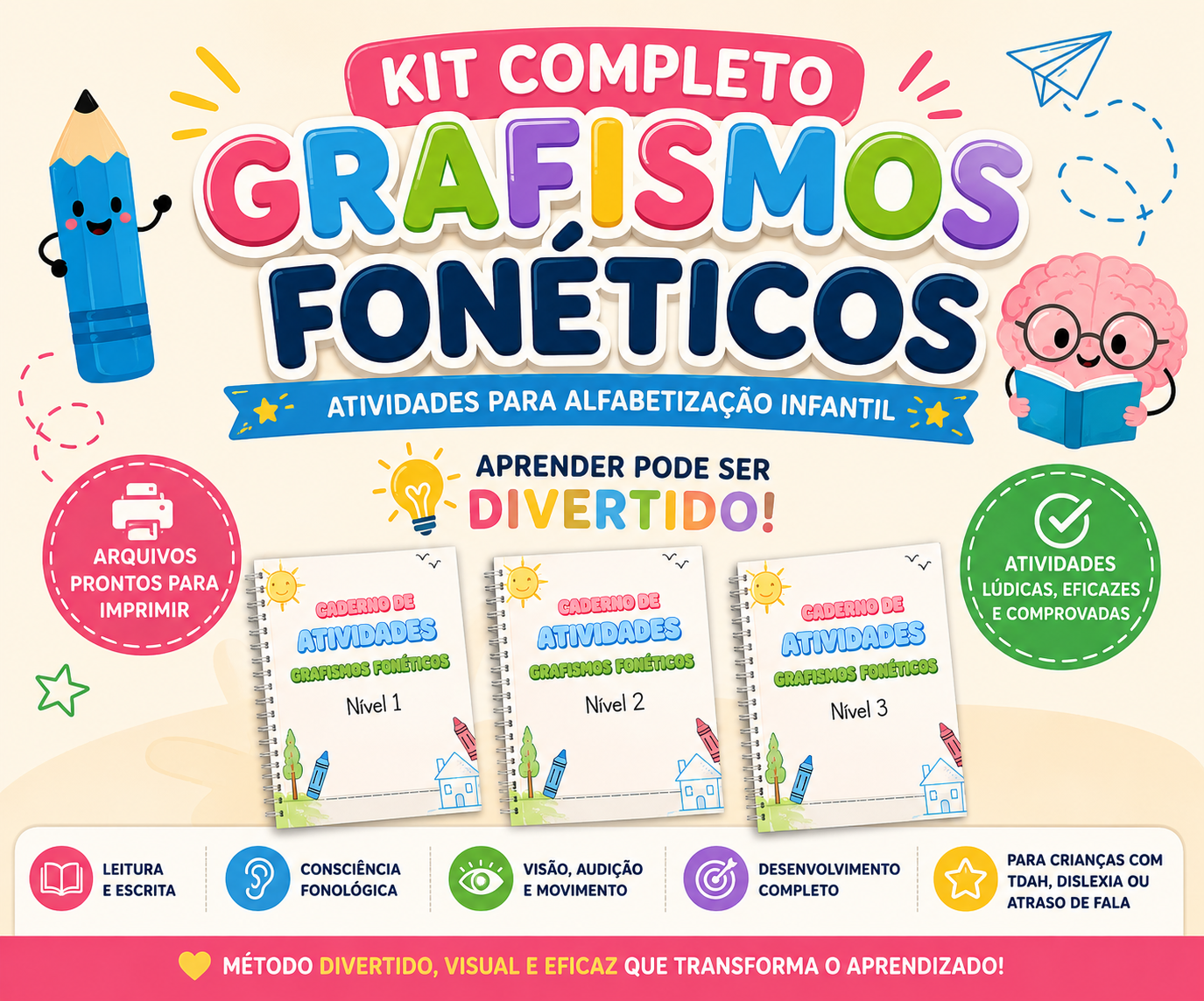 Kit Completo Grafismos Fonéticos — Cadernos de Atividades Níveis 1, 2 e 3